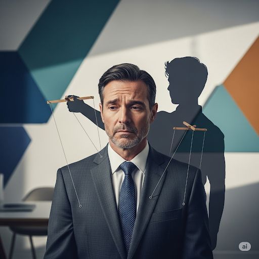 Beeld van die wordt bespeeld als een pop door zijn jonge zelf
